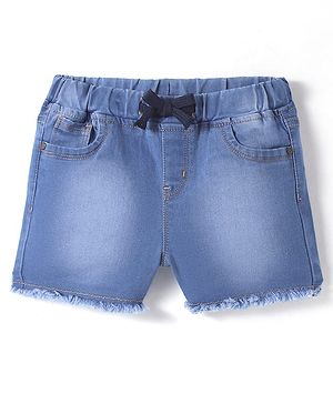 Pine Kids Knit Mid Thigh Washed Denim Shorts With Bow Applique - Blue