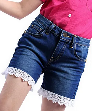 Pine Kids Mid Thigh Length Washed
                              Denim Shorts with Lace Detailing - Blue
