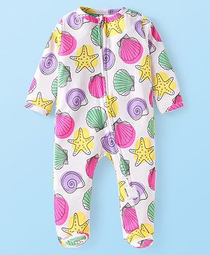 Babyhug Cotton Knit Full Sleeves Footed Sleepsuit with Sea Life Print - White
