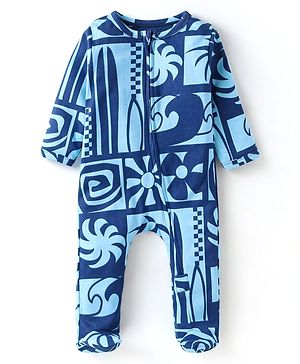 Babyhug Cotton Knit Full Sleeves Footed Sleepsuit with Beach Theme Print - Navy Blue