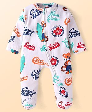 Babyhug Cotton Knit Full Sleeves Footed Sleep Suit With Text Print - White