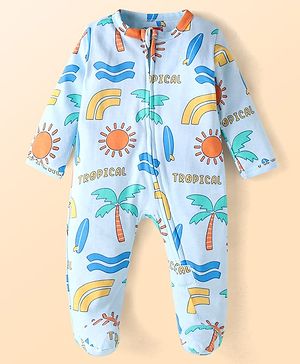 Babyhug Cotton Knit Full Sleeves Footed Sleep Suit With Beach Theme Print - Light Blue