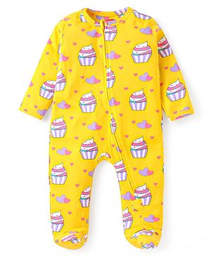Babyhug Cotton Knit Full Sleeves Footed Sleep Suit With Cup Cake Print - Yellow