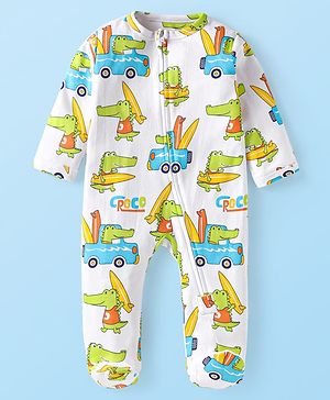 Babyhug Cotton Knit Full Sleeves Footed Sleepsuit with Dino Print - White