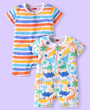 Babyhug 100% Cotton Knit Half Sleeves Striped & Dino Printed Rompers Pack of 2 - Multicolor