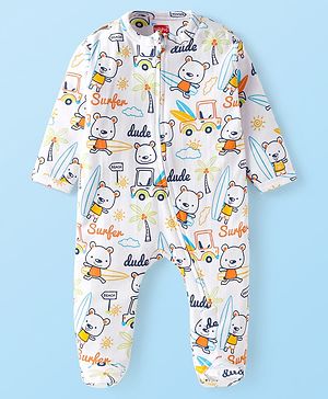 Babyhug Cotton Knit Full Sleeves Footed Sleepsuit with Beach Theme Print - White