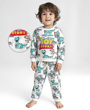 Babyhug Disney Terry Knit Drop Shoulder Sweatshirt & Lounge Pant Set With Toy Story Graphics - White & Blue