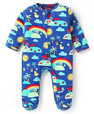 Babyhug Cotton Knit Full Sleeves Footed Sleep Suit With Animals & Vehicle Print - Navy Blue
