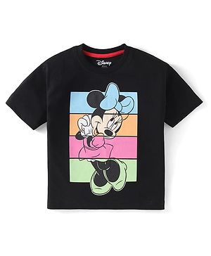 Babyhug Disney Single Jersey Knit Drop Shoulder Half Sleeves T-Shirt with Minnie Mouse Graphic - Black