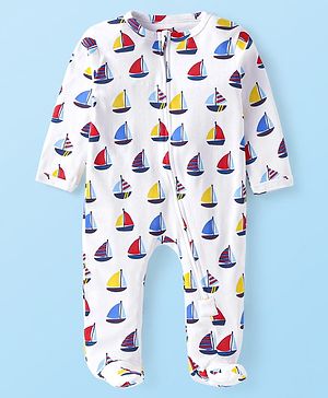Babyhug Cotton Knit Full Sleeves Footed Sleepsuit with Sailboat Print - White