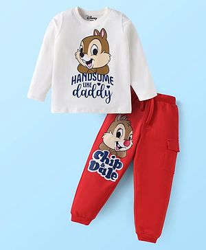 Babyhug Disney Single Jersey Knit Full Sleeves T-Shirt & Lounge Pant With Chip 'N' Dale Graphics - White & Red