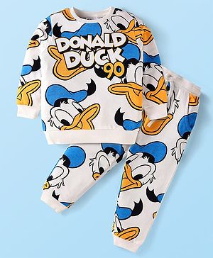 Babyhug Disney Cotton Knit Full Sleeves Oversize Drop Shoulder T-Shirt & Joggers Set with Donald Duck Print - Blue & White