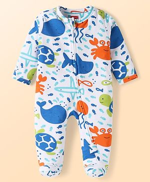 Babyhug Cotton Knit Full Sleeves Footed Sleep Suit With Fish Print - White & Blue