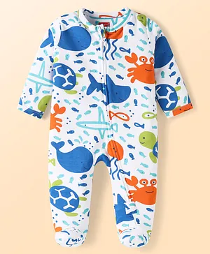 Babyhug Cotton Knit Full Sleeves
                              Footed Sleep Suit With Fish Print - White
                              & Blue