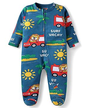 Babyhug Cotton Knit Full Sleeves Sleepsuit with Lion & Car Print - Blue