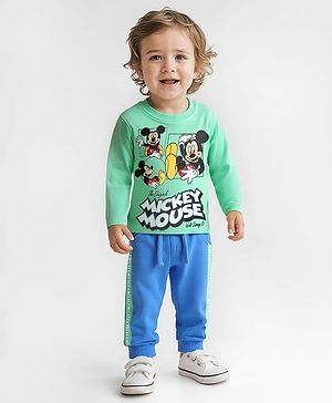 Babyhug Disney Single Jersey Knit Full Sleeves T-Shirt & Lounge Pant With Mickey Mouse Graphics - Light Green & Blue