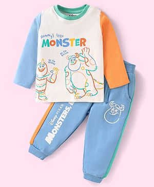 Babyhug Disney Single Jersey Knit Full Sleeves T-Shirt & Lounge Pant Set with Monster Graphics - Light Blue