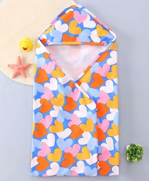 Babyhug Terry Knit Hooded Wrapper with Hearts Print L 76 x B 76 cm - Blue