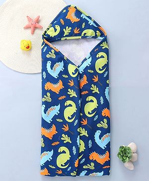Babyhug Interlock Knit Hooded Towel With Dino Print L 30 x B 30 cm - Navy Blue