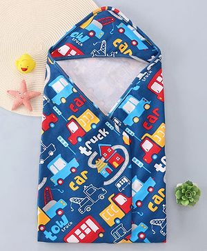 Babyhug Cotton Knit Hooded Wrapper with Vehicle Print L 76 x B 76 cm - Navy Blue