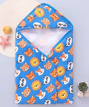 Babyhug Cotton Knit Hooded Wrapper with Animal Print L 76.2 x B 76.2 cm - Navy Blue
