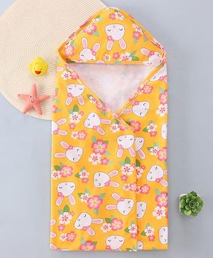 Babyhug Cotton Knit Hooded Wrapper with Bunny Print L 76 x B 76 cm - Yellow