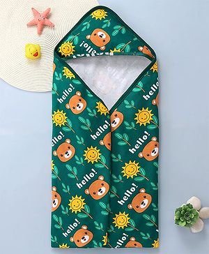 Babyhug Interlock Knit Hooded Towel With Animal Print L 30 x B 30 cm - Dark Green