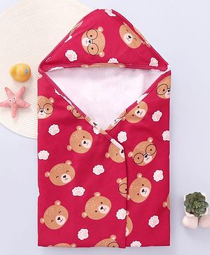 Babyhug Cotton Knit Hooded Wrapper with Bear Print L 76 x B 78 cm - Red