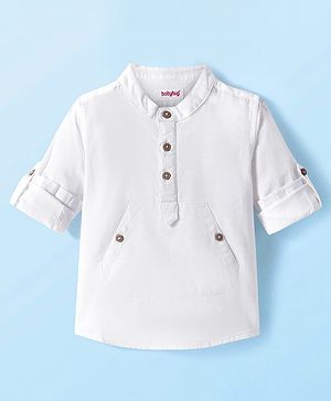 Babyhug Cotton Woven Full Sleeves Mandarin Collar Solid Shirt with Kangaroo Pocket - White