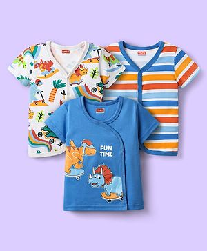 Babyhug Interlock Knit Front Open Half Sleeves Vests With Dino Print Pack Of 3 - Blue & White