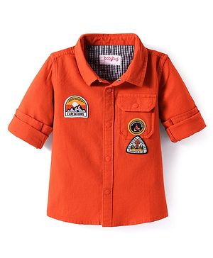 Babyhug Cotton Woven Full Sleeves Shirt with Text Patch Detailing - Coral