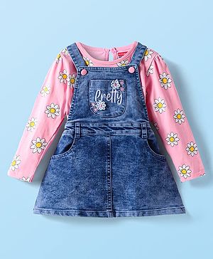 Babyhug Woven Denim Frock & Full Sleeves Inner Tee With Floral Print - Navy Blue & Pink