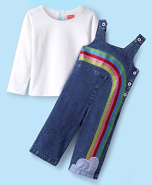 Babyhug Cotton Knit Jumpsuit With Rainbow Embroidery & Full Sleeves T-Shirt - Navy Blue & White
