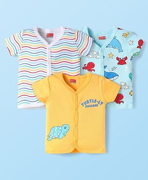 Babyhug Interlock Knit Half Sleeves Front Open Vests With Striped & Fish Print Pack Of 3 - Yellow White & Light Blue