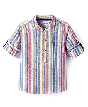 Babyhug Cotton Woven Full Sleeves  Mandarin Collar Shirt with Stripes - White & Pink