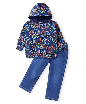 Babyhug Terry Knit Full Sleeves Hooded T-Shirt & Jeans Set with Leaves Print - Blue