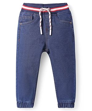Babyhug Denim Knit & Ribbed at Waist Full Length Washed Joggers-  Navy Blue