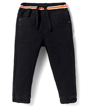 Babyhug Denim Knit & Ribbed at Waist Full Length Washed Joggers -  Black