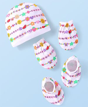 Babyhug Interlock Knit Cap Mittens & Booties Set with Text Print White - Diameter 10 cm
