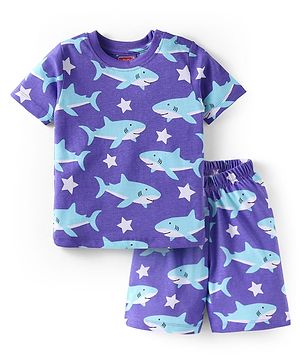 Babyhug Cotton Knit Half Sleeves Shorts Night Suit with Shark Print - Purple