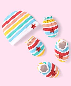 Babyhug 100% Interlock Knit Cap Mittens & Booties With Stripes & Star Design Multicolor - Diameter 10 cm