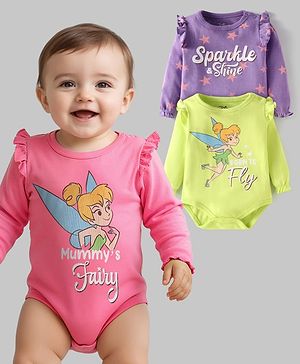 Babyhug Disney Interlock Knit Full Sleeves Onesies with Tinker Bell Graphics & Frill Detailing Pack of 3 - Pink Purple & Lime Green