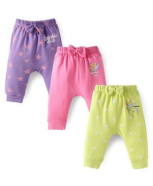 Babyhug Disney Interlock Knit Full Length Star & Tinkerbell Printed Diaper Leggings Pack of 3 - Purple Light Green & Pink