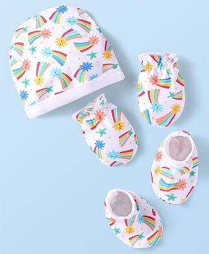 Babyhug Interlock Knit Cap Mittens & Booties Set with Stars Print White - Diameter 12 cm