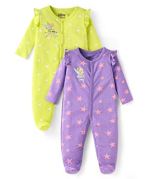 Babyhug Disney Interlock Knit Full Sleeves Sleep Suits with Tinker Bell Graphics & Frill Detailing Pack of 2 -  Green & Purple