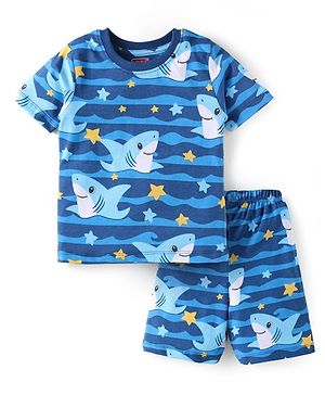 Babyhug Cotton Knit Half Sleeves Shorts Night Suit with Shark Print - Blue