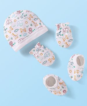 Babyhug Interlock Knit Cap Mittens And Booties Set with Jungle Theme Print - White