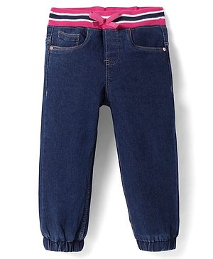 Babyhug Denim Full length washed Jogger with stretch - Dark Blue
