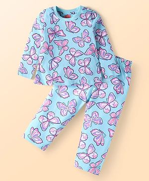 Babyhug Cotton Knit Full Sleeves Butterfly Printed Night Suit - Light Blue