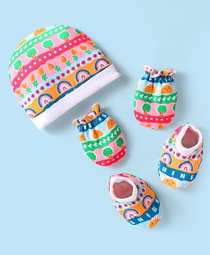 Babyhug Interlock Knit Printed Cap Mittens & Booties - Multicolor